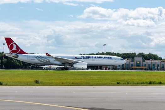 July 2, 2019, Moscow, Russia. Airplane Airbus A330-300 Turkish Airlines at Vnukovo airport in Moscow.