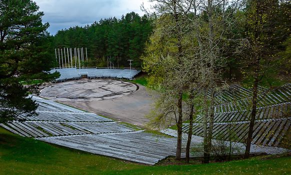 The ancient stands of the open-air stadium on the Hill of Three Crosses in Vilnius.