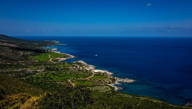 Green mountainous coast of the Mediterranean Sea on the Akamas Peninsula in the northwest of the island of Cyprus.