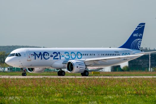 August 30, 2019. Zhukovsky, Russia. Promising Russian medium-range narrow-body passenger aircraft Irkut MC-21 at the International Aviation and Space Salon MAKS 2019.