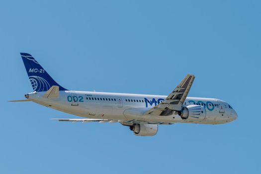 August 30, 2019. Zhukovsky, Russia. Promising Russian medium-range narrow-body passenger aircraft Irkut MC-21 at the International Aviation and Space Salon MAKS 2019.