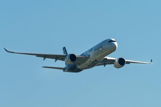 August 30, 2019. Zhukovsky, Russia. long-range wide-body twin-engine passenger aircraft Airbus A350-900 XWB Airbus Industrie at the International Aviation and Space Salon MAKS 2019.