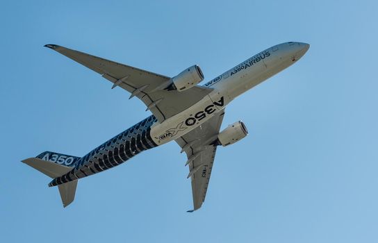 August 30, 2019. Zhukovsky, Russia. long-range wide-body twin-engine passenger aircraft Airbus A350-900 XWB Airbus Industrie.