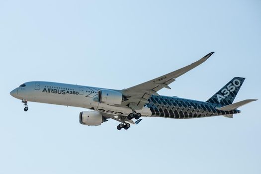 August 30, 2019. Zhukovsky, Russia. long-range wide-body twin-engine passenger aircraft Airbus A350-900 XWB Airbus Industrie at the International Aviation and Space Salon MAKS 2019.