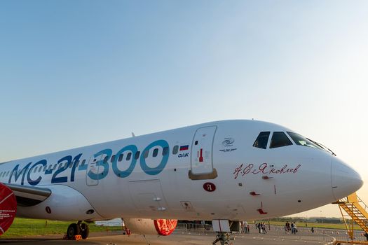 August 30, 2019. Zhukovsky, Russia. Promising Russian medium-range narrow-body passenger aircraft Irkut MC-21 at the International Aviation and Space Salon MAKS 2019.