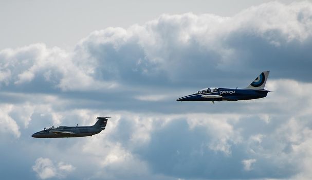 September 12, 2020, Kaluga region, Russia. Training aircraft Aero L-39 Albatros and Aero L-29 Delfin perform a training flight at the Oreshkovo airfield.