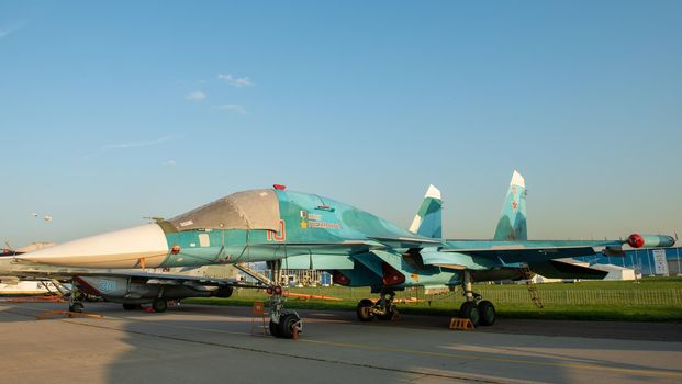 August 30, 2019, Moscow region, Russia.  Russian Multifunctional supersonic fighter-bomber Sukhoi Su-34 "Oleg Peshkov" at the International aviation and space salon.