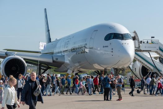 August 30, 2019. Zhukovsky, Russia. long-range wide-body twin-engine passenger aircraft Airbus A350-900 XWB Airbus Industrie.