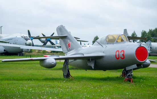 July 18, 2018, Moscow region, Russia.  Jet fighter aircraft Mikoyan-Gurevich MiG-15 at the Central Museum of the Russian Air Force in Monino.