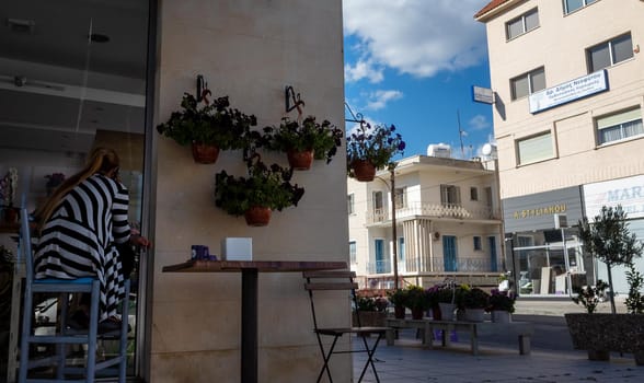 April 22, 2019, Limassol, Cyprus. Tables in a summer cafe in the city on a bright Sunny day .