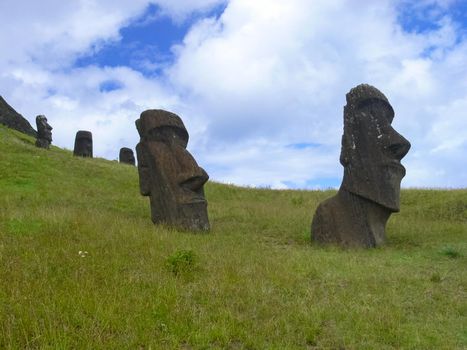 Statues of the gods of Easter Island. Ancient statues of ancient civilization on Easter Island.