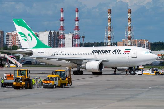 July 2, 2019, Moscow, Russia. Airplane Airbus A310-300 Mahan Airlines at Vnukovo airport in Moscow.