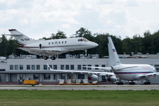 July 2, 2019, Moscow, Russia. Airplane Raytheon Hawker 750 NetJets Europe Airline at Vnukovo airport in Moscow.