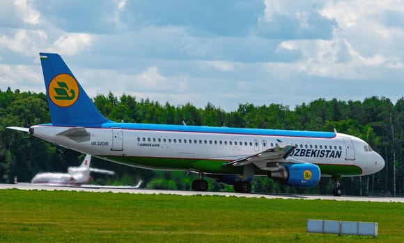 July 2, 2019, Moscow, Russia. Airplane Airbus A320-200  Uzbekistan Airways at Vnukovo airport in Moscow.