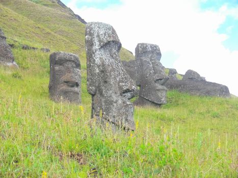 Statues of the gods of Easter Island. Ancient statues of ancient civilization on Easter Island.