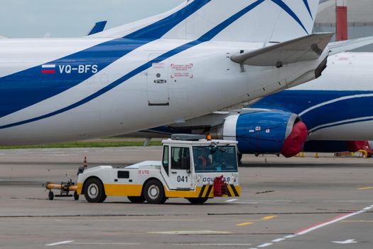 July 2, 2019 Moscow, Russia. airplane tractor at Vnukovo airport