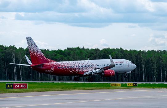 July 2, 2019, Moscow, Russia. Airplane Boeing 737-800 Rossiya - Russian Airlines at Vnukovo airport in Moscow.