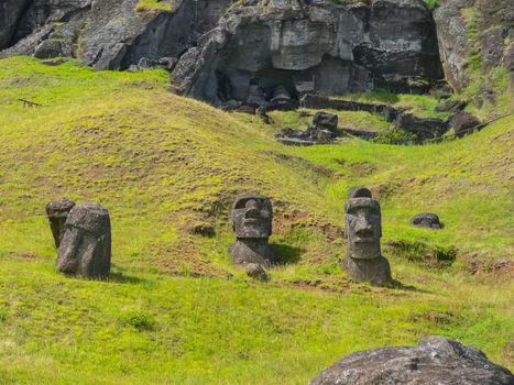 Statues of the gods of Easter Island. Ancient statues of ancient civilization on Easter Island.