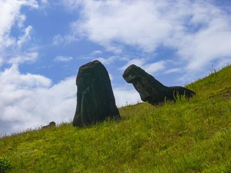 Statues of the gods of Easter Island. Ancient statues of ancient civilization on Easter Island.