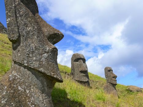 Statues of the gods of Easter Island. Ancient statues of ancient civilization on Easter Island.