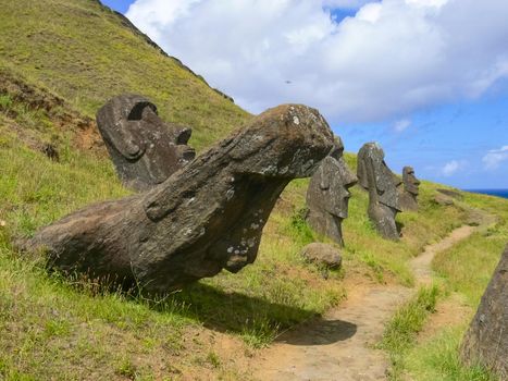 Statues of the gods of Easter Island. Ancient statues of ancient civilization on Easter Island.