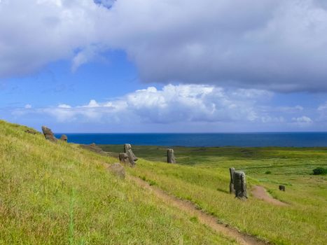 Statues of the gods of Easter Island. Ancient statues of ancient civilization on Easter Island.