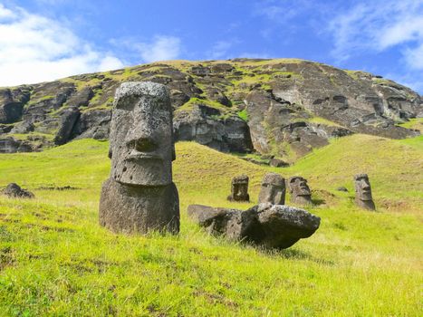 Statues of the gods of Easter Island. Ancient statues of ancient civilization on Easter Island.