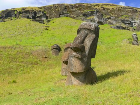 Statues of the gods of Easter Island. Ancient statues of ancient civilization on Easter Island.