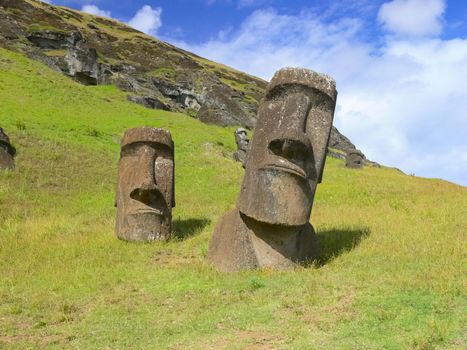 Statues of the gods of Easter Island. Ancient statues of ancient civilization on Easter Island.