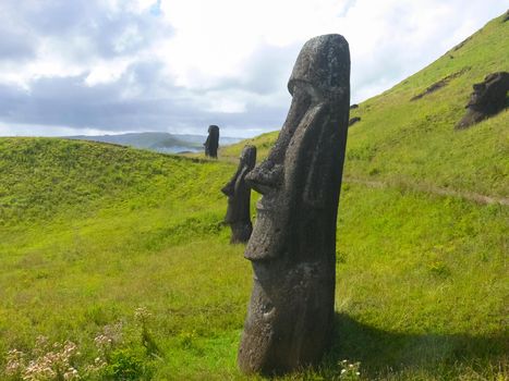 Statues of the gods of Easter Island. Ancient statues of ancient civilization on Easter Island.