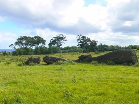 Statues of the gods of Easter Island. Ancient statues of ancient civilization on Easter Island.