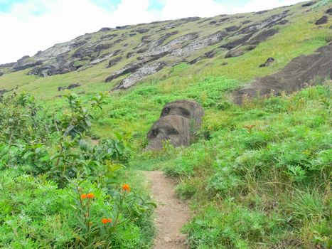 Statues of the gods of Easter Island. Ancient statues of ancient civilization on Easter Island.