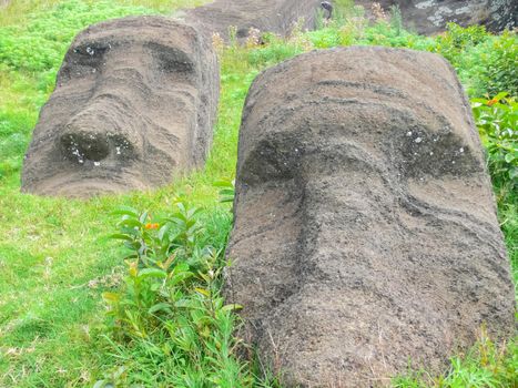 Statues of the gods of Easter Island. Ancient statues of ancient civilization on Easter Island.