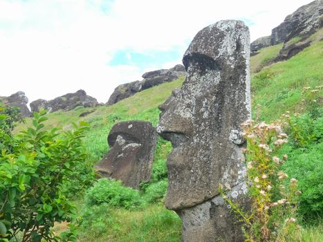 Statues of the gods of Easter Island. Ancient statues of ancient civilization on Easter Island.