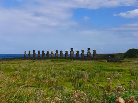 Statues of the gods of Easter Island. Ancient statues of ancient civilization on Easter Island.