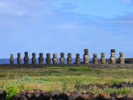 Statues of the gods of Easter Island. Ancient statues of ancient civilization on Easter Island.