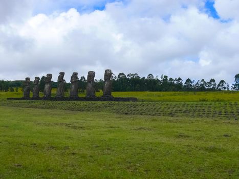 Statues of the gods of Easter Island. Ancient statues of ancient civilization on Easter Island.