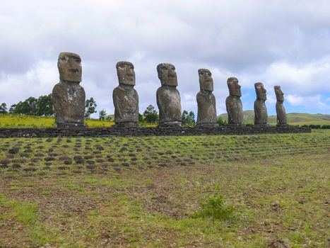 Statues of the gods of Easter Island. Ancient statues of ancient civilization on Easter Island.