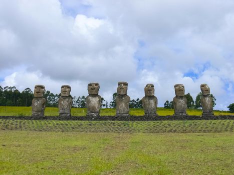 Statues of the gods of Easter Island. Ancient statues of ancient civilization on Easter Island.