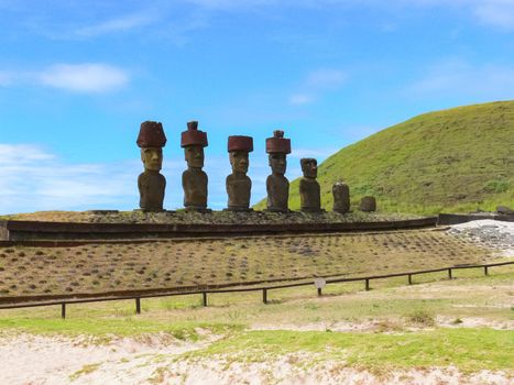 Statues of the gods of Easter Island. Ancient statues of ancient civilization on Easter Island.