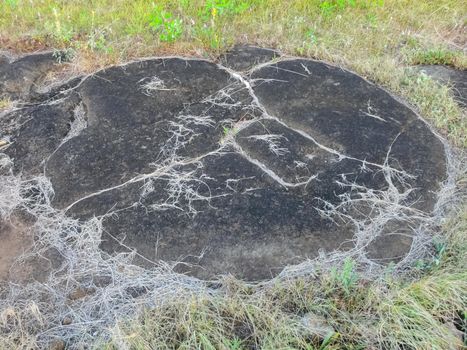 Stone slabs with drawings on Easter Island. Traces of stone processing on plates.