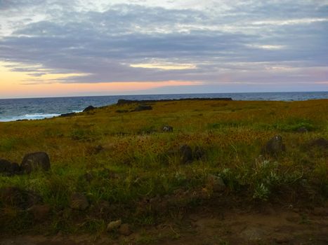 Sunset on Easter Island. The colors of sunset in the ocean.