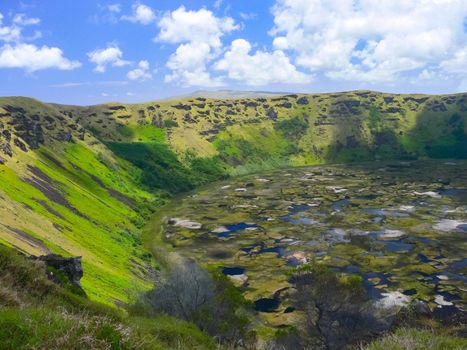 Crater of an extinct snuck on Easter Island. The nature of the island.
