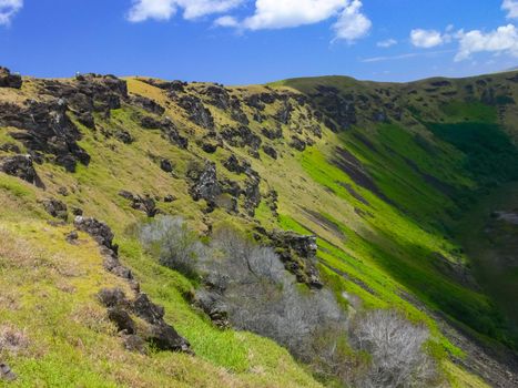 Crater of an extinct snuck on Easter Island. The nature of the island.