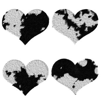 Four hearts with cowhide textured pattern, black and white