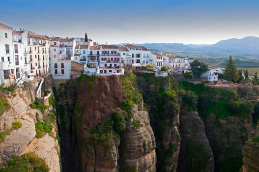 View of white houses on the mountain top, blue sky, Spain