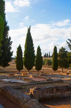 Old ruined roman square and cypress trees. Light sunny day. Ancient roman city Italica in Seville, Spain