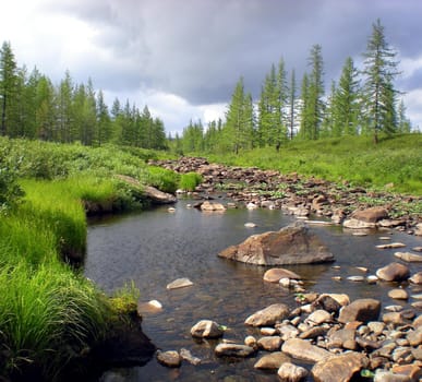 River in the taiga in northern Russia. The nature of the taiga in a mountainous area.