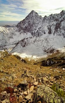 Mount Sayan in winter in the snow. The nature of the mountains is sayan.