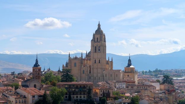 Overall horizontal shot of the famous Segovia Cathedral in Spain